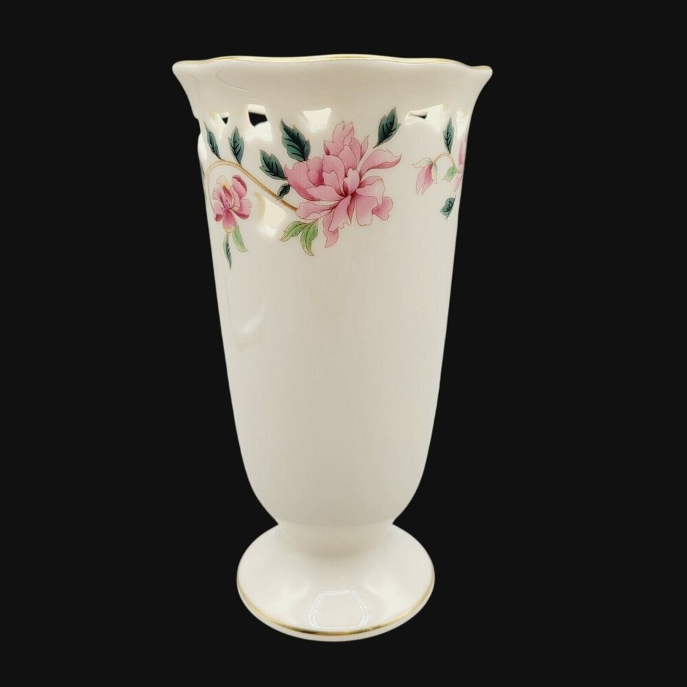 Lenox Barrington Collection Vase Pink Floral Reticulated Pierced 24kt Gold Trim